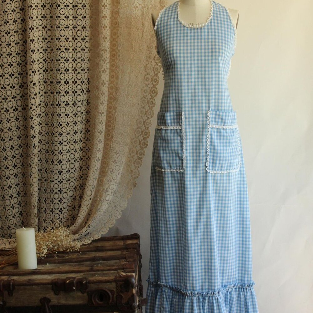 Vintage 1970s Dress with Pockets, Blue Gingham Prairie Maxidress Pinafore - Picture 2 of 10